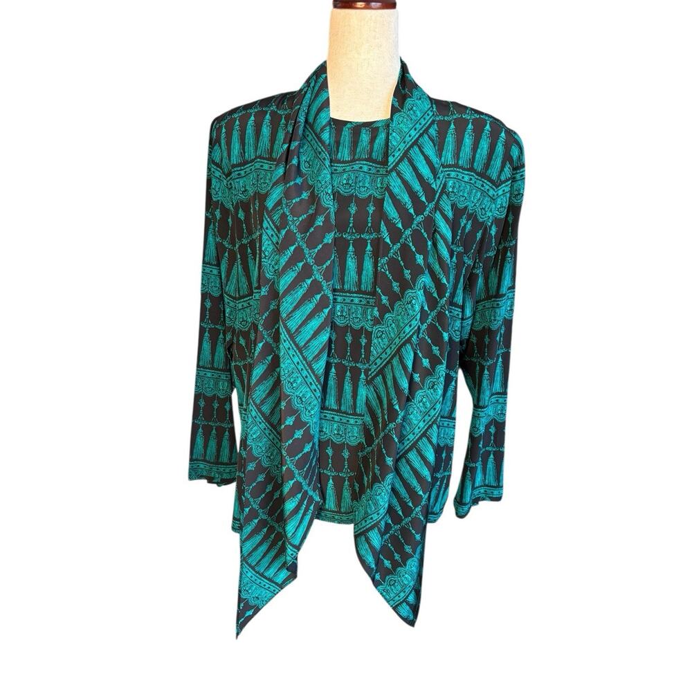 Vintage Ann May 100% silk Green Black blouse With Scarf Size Large 80's EUC